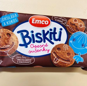 Ovesné sušenky Emco Biskiti s příchutí čoko a kokos